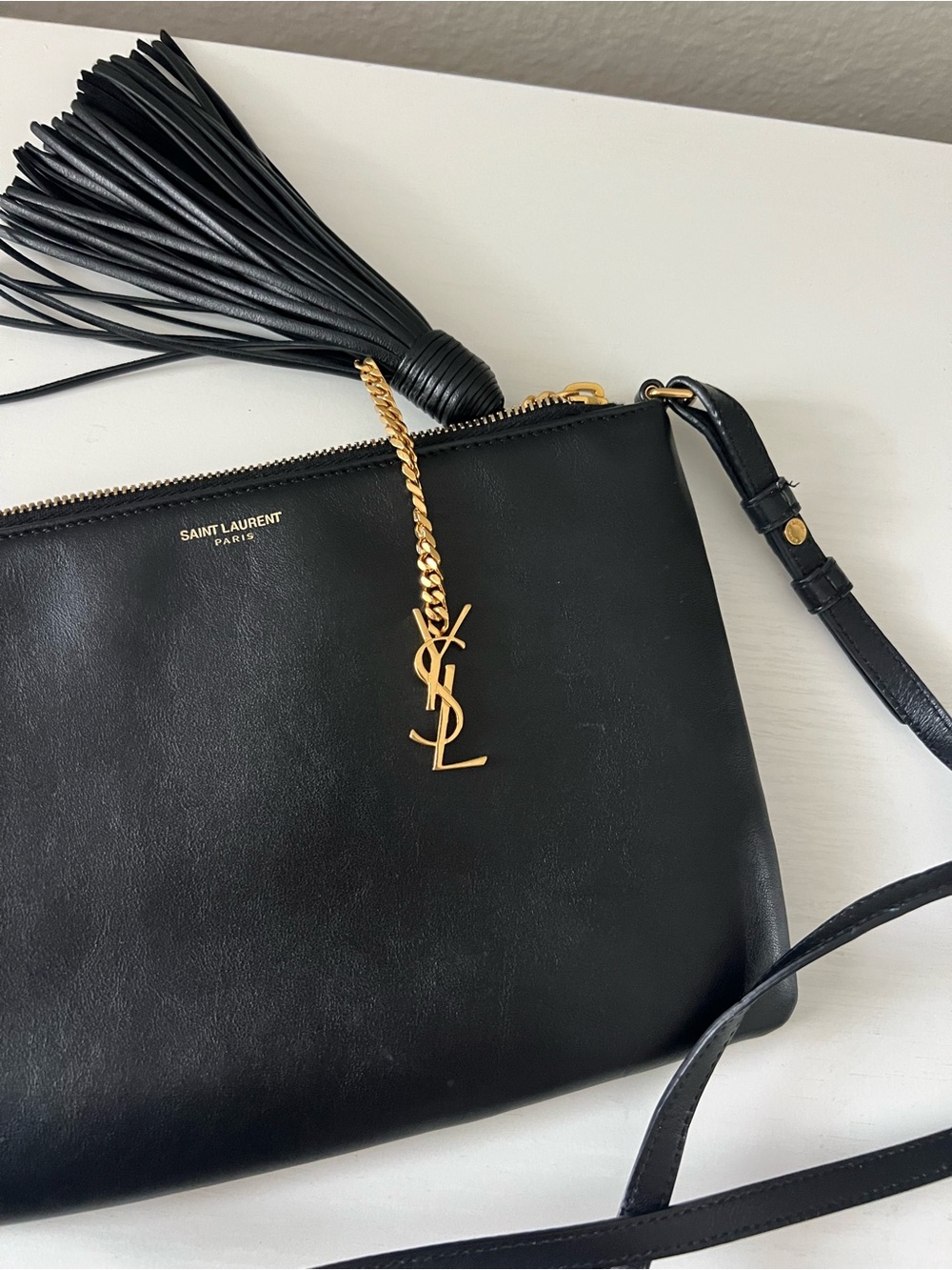 Saint Laurent Black Leather Crossbody with Tassel and Gold Logo - Picture 16 of 16